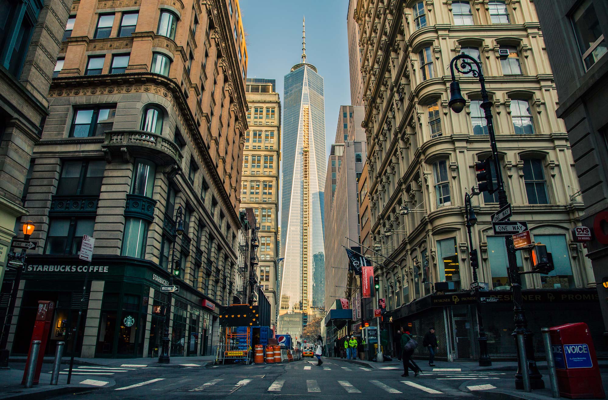 Manhattan street toward One World Trade Center